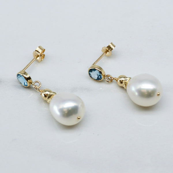 'Bespoke' Swiss Blue Topaz & Pearl Drop Earrings | 3.50ctw, 0.60ctw |