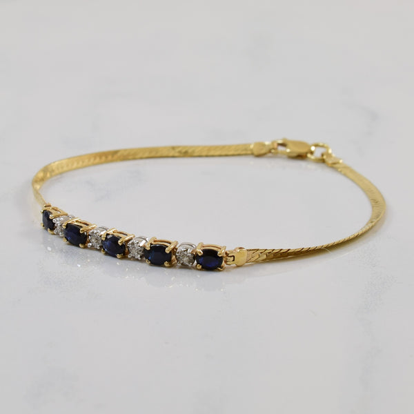Blue Sapphire & Diamond Herringbone Bracelet | 1.20ctw, 0.02ctw | 6.5